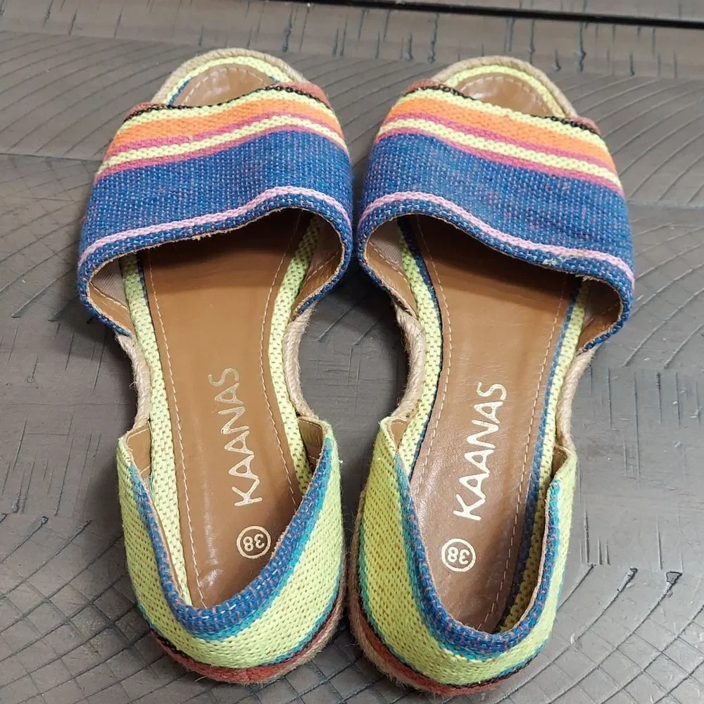 KAANAS Striped Flat Peep-Toe Espadrille Sandals Sz 38